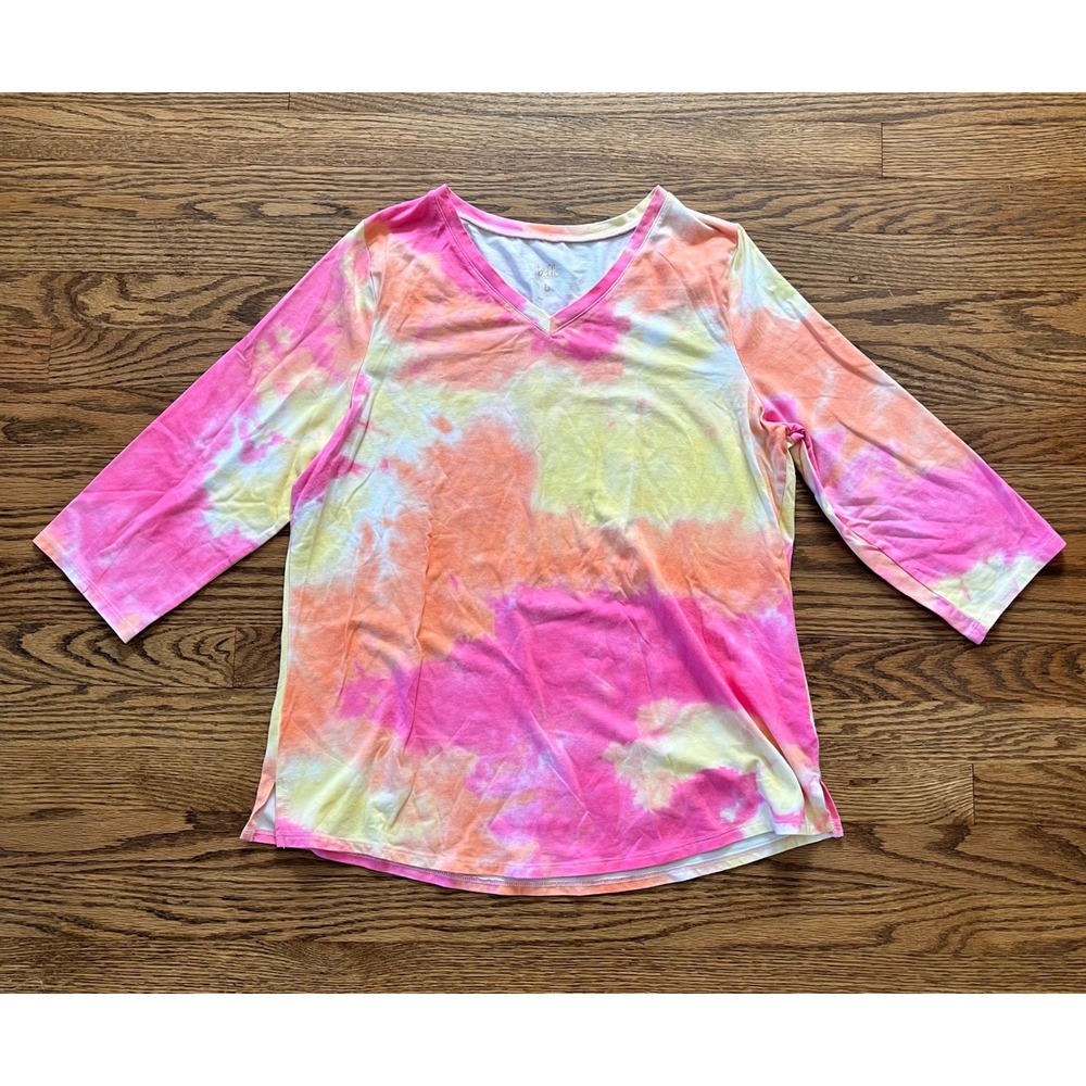 Belle by Kim Gravel Pink Orange Yellow Tie Dye V-Neck 3/4 Sleeve Top Size M